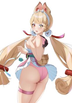 1girl absurdres ahoge alice_thymefield alice_thymefield_(sea_of_thyme) animal_ears ass beiganglamian bikini blonde_hair breasts chinese_commentary commentary_request dress hairband heterochromia highres large_breasts long_hair official_alternate_costume open_mouth pink_bikini rabbit_ears rabbit_girl rabbit_tail red_eyes simple_background skindentation solo swimsuit tail thigh_strap thighs very_long_hair white_dress white_hairband yellow_eyes zenless_zone_zero