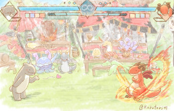 animate_object bench blowing_kiss book bowl character_doll cup day doll dragon ewiyar_(granblue_fantasy) fediel_(granblue_fantasy) fighting_game fire food galleon_(granblue_fantasy) granblue_fantasy granblue_fantasy_versus:_rising heads-up_display health_bar heart korotori11 lantern lu_woh_(granblue_fantasy) no_humans orologia_(male) outdoors paper_lantern standing table twitter_username umbrella user_interface wamdus_(granblue_fantasy) wilnas_(granblue_fantasy)