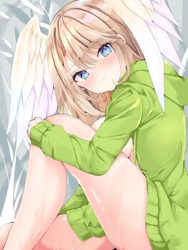 1girl blue_eyes blush breasts brown_hair closed_mouth commentary_request eunie_(xenoblade) eyelashes green_jacket head_wings highres jacket large_breasts long_hair looking_at_viewer naked_jacket nanase_nao sitting solo wet wings xenoblade_chronicles_(series) xenoblade_chronicles_3