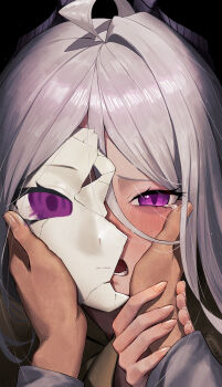 Rule 34 | 1girl, absurdres, ahoge, black background, blue archive, grey hair, highres, hina (blue archive), looking at viewer, mask, pov, purple eyes, re naya, simple background, solo focus, upper body