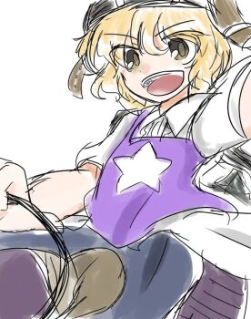 Rule 34 | 1other, androgynous, bad id, bad pixiv id, black wings, blonde hair, blue pants, center frills, collared shirt, commentary request, cowboy shot, dot nose, eggplant, frills, grey helmet, hair between eyes, hand on headwear, happy, helmet, holding, holding reins, image sample, jandare, len'en, looking ahead, magnet, open mouth, other focus, pants, pixiv sample, print vest, puffy short sleeves, puffy sleeves, purple vest, reins, riding, saddle, shirt, short hair, short sleeves, simple background, sketch, smile, solo, star (symbol), star print, teeth, umatachi tsugumi, upper teeth only, vest, white background, white shirt, wings, yellow eyes