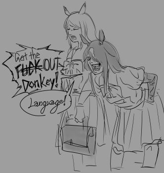 2girls animal_ears bag bow bowtie censored censored_text commentary elbow_gloves english_commentary english_text genderswap genderswap_(mtf) gesugao gloves grey_background greyscale hair_over_one_eye hands_in_pockets highres holding holding_bag horse_ears horse_girl long_hair mejiro_mcqueen_(umamusume) monochrome multicolored_hair multiple_girls one_eye_covered original personification pleated_skirt profanity sailor_collar sailor_shirt school_bag school_uniform shirt shishitou_(tougarashikarai) short_sleeves sidelocks simple_background sketch skirt speech_bubble summer_uniform sunday_silence_(racehorse) tracen_school_uniform umamusume wince