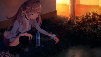 1girl ahoge backpack bag black_bow black_choker black_ribbon black_thighhighs blonde_hair blue_eyes blue_scrunchie bottle bottle_cap bow bush checkered_bag choker collarbone collared_shirt fireworks flats footwear_bow full_body game_cg grisaia_(series) grisaia_no_rakuen hair_ribbon hand_on_own_knee highres long_hair long_sleeves matsushima_michiru non-web_source official_art on_grass outdoors parted_lips pendant_choker pink_bag pinstripe_pattern pinstripe_shirt plastic_bottle purple_skirt ribbon scrunchie shirt shoes skirt sleeve_bow solo sparkler squatting thighhighs tile_floor tiles tree twintails unworn_backpack unworn_bag variant_set watanabe_akio water water_bottle white_shirt white_shoes wrist_scrunchie