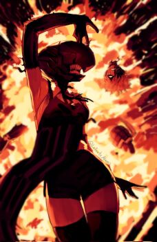 1boy 1girl alaniz_(lafertealanis) apron arm_up bakugou_katsuki black_apron black_gloves black_ribbon black_shorts black_thighhighs blood boku_no_hero_academia bomb_devil_(chainsaw_man) chainsaw_man death decapitation elbow_gloves explosion explosive gloves grenade highres neck_ribbon ribbon shirt short_shorts shorts sleeveless sleeveless_shirt teeth thighhighs