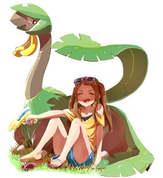 1girl arm_support blue_shorts brown_hair closed_eyes collarbone commentary_request crossover gen_3_pokemon happy highres holding holding_water_gun idolmaster idolmaster_cinderella_girls knees_up koseki_reina long_hair nail_polish nintendo open_mouth pokemon pon_(ponymmtknsk) purple_nails sandals shirt shorts single_bare_foot sitting toenail_polish toenails tropius water_gun yellow_shirt