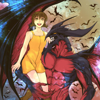 Rule 34 | 1girl, ahoge, arm around shoulder, bare shoulders, bat (animal), breasts, brown hair, claws, commentary request, cow, d-maker, demon, demon wings, diabolos, dress, final fantasy, final fantasy viii, green eyes, hair between eyes, highres, medium breasts, open mouth, overalls, selphie tilmitt, short dress, short hair, sitting on arm, smile, teeth, upper teeth only, wings, yellow dress, yellow eyes, yellow overalls