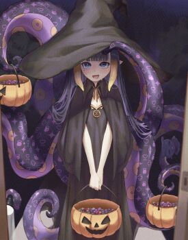 1girl absurdres adversarial_noise alternate_costume black_capelet black_dress blue_eyes blunt_bangs candy capelet center-flap_bangs commentary dress english_commentary food gradient_hair halloween hat highres hololive hololive_english jack-o&#039;-lantern looking_at_viewer mole mole_under_eye multicolored_hair ninomae_ina&#039;nis open_mouth orange_hair paid_reward_available pointy_ears purple_hair samukzz sidelocks solo straight_hair tentacle_hair tentacles virtual_youtuber witch_hat