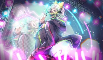 1boy animal_ear_headphones animal_ears black_jacket blue_eyes braid fake_animal_ears green_hair headphones hood hood_down hooded_jacket jacket long_sleeves looking_back mask mouth_mask multicolored_hair open_clothes open_jacket original screen short_hair sian_(jred344) stage stage_lights two-tone_hair upper_body white_hair