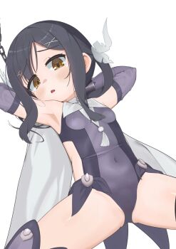 1girl armpits arms_behind_head arms_up benisitan_(c6_bwq) black_hair blush breasts brown_eyes cape chain covered_navel cuffs detached_sleeves fate/kaleid_liner_prisma_illya fate_(series) groin hair_ornament hairclip highres leotard loli long_hair lying magical_girl miyu_edelfelt on_back open_mouth purple_leotard purple_sleeves purple_thighhighs ribbon small_breasts solo spread_legs thighhighs thighs twintails webp-to-png_conversion white_cape