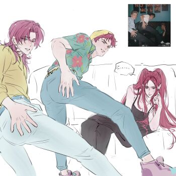 Rule 34 | 1008 redd, 1girl, 2boys, abby (kpop demon hunters), black camisole, blush, camisole, commentary request, earrings, hand on own ass, hat, head rest, highres, jewelry, kpop demon hunters, looking back, mira (kpop demon hunters), multiple boys, parted lips, pink hair, real life insert, romance (kpop demon hunters), short hair, sidelocks, sitting, smile, twintails, yellow hat