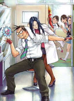 Rule 34 | 2boys, 4girls, blue hair, brown hair, brown legwear, camera, closed eyes, fingerless gloves, glasses, gloves, heart, hibiki ran, high heels, honyata, indoors, jealous, jewelry, justice gakuen, kneehighs, lab coat, long hair, minazuki kyoko, multiple boys, multiple girls, necklace, necktie, nekketsu hayato, opaque glasses, open mouth, orange hair, pain, pantyhose, pencil skirt, purple hair, ribbed sweater, school, school nurse, school uniform, shimazu hideo, shoes, short hair, skirt, skull, slice of life, smile, socks, sweater, uwabaki, watch, white legwear