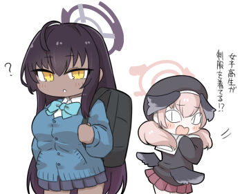 &lt;|&gt;_&lt;|&gt; 2girls :o black_hair black_shirt blue_archive blue_bow blue_cardigan blue_skirt blush_stickers bow breasts brown_skirt cardigan chibi collared_shirt dark-skinned_female dark_skin hair_between_eyes hair_over_shoulder halo highres karin_(blue_archive) karin_(school_uniform)_(blue_archive) koharu_(blue_archive) low_twintails medium_breasts miranofuudoria multiple_girls open_mouth parted_lips pink_hair pleated_skirt sailor_collar school_uniform serafuku shirt simple_background skirt translation_request twintails wavy_mouth white_background white_sailor_collar white_shirt yellow_eyes