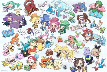 4boys 6+girls :d ;d acerola_(pokemon) ahoge allister_(pokemon) arm_up asymmetrical_bangs azumarill azurill baseball_cap battle_chatelaine bea_(pokemon) berry_(pokemon) black_hair black_jacket blush bow_hairband brown_hair bulbasaur chaimo_box charmander clefairy cleffa closed_eyes closed_mouth commentary_request croagunk cup cyndaquil dana_(pokemon) double_bun dress drinking drinking_glass eating eevee espeon evelyn_(pokemon) eyelashes fire flame-tipped_tail flareon food fruit gardevoir gen_1_pokemon gen_2_pokemon gen_3_pokemon gen_4_pokemon gen_5_pokemon gen_6_pokemon gen_7_pokemon gen_8_pokemon gengar glaceon gladion_(pokemon) glalie grapploct greedent green_eyes green_hair grookey hair_bun hair_over_one_eye hairband hand_up hat highres hilbert_(pokemon) holding holding_pokemon holding_umbrella hoppip igglybuff jacket jolteon joltik knee_pads larvitar latias latios leaf_(pokemon) leaf_(sygna_suit)_(pokemon) leafeon legendary_pokemon lillie_(pokemon) lisia_(pokemon) lugia lusamine_(pokemon) machop magearna magmar mallow_(pokemon) marill marnie_(pokemon) mask may_(pokemon) metagross mew_(pokemon) mewtwo mimikyu misty_(pokemon) morgan_(pokemon) morpeko morpeko_(full) multiple_boys multiple_girls mythical_pokemon nidoking nidoqueen ninetales nintendo nita_(pokemon) one_eye_closed open_mouth orange_hair pants pantyhose phanpy pichu pikachu pink_dress piplup pokemon pokemon_(anime) pokemon_(classic_anime) pokemon_(creature) pokemon_bw2 pokemon_frlg pokemon_masters_ex pokemon_oras pokemon_rse pokemon_sm pokemon_swsh pokemon_xy psyduck red_(pokemon) riding riding_pokemon rosa_(pokemon) scorbunny shaymin shaymin_(land) short_hair shorts side_ponytail skitty slowpoke smile sobble squirtle suspenders sweatdrop sylveon tail thighhighs togepi top_hat totodile twintails typhlosion umbrella umbreon vaporeon venusaur visor_cap volcanion wobbuffet wooloo wooper wynaut yamper zeraora