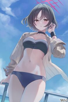 1girl absurdres artist_name bandeau bikini bikini_under_clothes black_bandeau black_bikini black_choker black_hair blue_archive blue_bikini blue_sky breasts brown_eyes brown_shirt choker collarbone commentary commentary_request cowboy_shot dandan_(uaee4742) dated day from_below hair_between_eyes halo hand_in_own_hair hand_on_railing highres light_blush looking_at_viewer medium_breasts misaki_(blue_archive) misaki_(swimsuit)_(blue_archive) navel official_alternate_costume open_clothes open_shirt outdoors parted_lips pinstripe_pattern pinstripe_shirt railing red_eyes red_halo shirt short_hair sky solo standing star_halo stomach striped_clothes striped_shirt swimsuit twitter_username vertical-striped_clothes vertical-striped_shirt wristband
