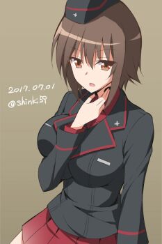 Rule 34 | 10s, 1girl, breasts, brown eyes, brown hair, dated, female focus, girls und panzer, hat, impossible clothes, kuromorimine military uniform, large breasts, long sleeves, military, military uniform, nishizumi maho, open mouth, peaked cap, pleated skirt, red skirt, shinki (shinki59), short hair, skirt, solo, throat microphone