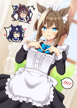 &gt;_&lt; 3girls absurdres alternate_costume animal_ears blue_eyes blurry blurry_background blush breasts brown_hair cheval_grand_(umamusume) closed_eyes enmaided hair_between_eyes heart heart_hands highres hokutoro64 horse_girl long_hair looking_at_viewer maid maid_headdress medium_breasts multiple_girls open_mouth ribbon twintails umamusume v_sisters verxina_(umamusume) vivlos_(umamusume)
