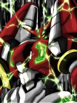 armor aura colored_sclera commentary_request electricity getter_robo green_lightning highres looking_at_viewer mecha mecha_focus multicolored_armor red_armor robot shin_getter-1 shin_getter_robo super_robot upper_body white_armor xxxwingkimo yellow_sclera