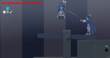 !? 2girls aqua_halo aris_(blue_archive) black_hair black_halo blue_archive blue_eyes commentary halo heart highres indoors jacket long_hair mechanical_halo miaki_(mi_autumn39) multiple_girls nintendo parody purple_hair the_legend_of_zelda the_legend_of_zelda:_breath_of_the_wild throwing throwing_person user_interface very_long_hair white_jacket yuuka_(blue_archive)
