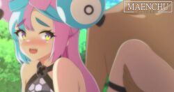 1boy 1girl animated artist_name blush bouncing_breasts bow-shaped_hair breasts character_hair_ornament dark-skinned_male dark_skin gluteal_fold hair_ornament hetero highres iono_(pokemon) jacket large_breasts leg_lift leg_up long_hair long_sleeves looking_back looping_animation low-tied_long_hair maenchu multicolored_hair nintendo nipples open_mouth outdoors penis perky_breasts pink_hair pokemon pokemon_sv pussy sex sex_from_behind sharp_teeth sleeves_past_fingers sleeves_past_wrists solo_focus sound standing standing_on_one_leg standing_sex teeth thigh_strap tree twintails two-tone_hair uncensored vaginal very_long_hair video yellow_jacket