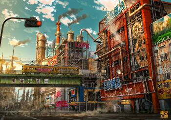 2019 akihabara_(tokyo) artist_name blue_sky building city cityscape cloud cloudy_sky commentary_request crosswalk day drainpipe elevated_railway fantasy graffiti highres multi-lane_road multiple_unit_train no_humans original outdoors photoshop_(medium) road scenery sky smoke steampunk street tokyo_(city) tokyogenso train