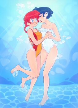 Rule 34 | 2girls, absurdres, air bubble, alesshiart, bare shoulders, black hair, blue eyes, blush, braid, braided ponytail, breasts, brown eyes, bubble, commentary, english commentary, frilled one-piece swimsuit, frills, highres, interlocked fingers, light rays, medium breasts, multiple girls, one-piece swimsuit, open mouth, orange one-piece swimsuit, ranma-chan, ranma 1/2, red hair, short hair, single braid, smile, strapless, strapless one-piece swimsuit, swimsuit, tendou akane, underwater, white one-piece swimsuit, yuri