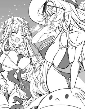 accidental_exposure alice_(genshin_impact) alternate_breast_size_(larger) assisted_exposure bikini blush breasts commentary embarrassed genshin_impact greyscale large_breasts laughing long_hair monochrome multiple_girls navel nicole_(genshin_impact) nidaime_(doronbo) octopus pointy_ears sketch smile swimsuit tentacles untranslatable_commentary wardrobe_malfunction