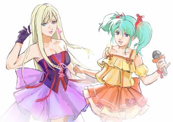 2girls black_gloves blonde_hair blue_eyes char's_counterattack cosplay dress earrings gigi_andalusia gloves green_hair gundam gundam_hathaway's_flash highres holding holding_microphone jewelry macross macross_frontier microphone multiple_girls nekkikamille orange_skirt purple_skirt quess_paraya ranka_lee ranka_lee_(cosplay) sheryl_nome sheryl_nome_(cosplay) skirt strapless strapless_dress triangle_earrings twintails white_background