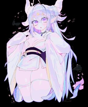 1girl :o ahoge black_background black_choker blue_hair blush breasts choker cleavage commentary commission cropped_legs double-parted_bangs dragon_girl dragon_horns dragon_tail english_commentary hair_between_eyes hair_ornament hands_up heart heart_ahoge highres horns indie_virtual_youtuber japanese_clothes kimono large_breasts long_hair long_sleeves looking_at_viewer open_mouth pointy_ears purple_eyes rumihime solo tail thick_thighs thighhighs thighs usa37107692 virtual_youtuber white_kimono white_thighhighs wide_sleeves