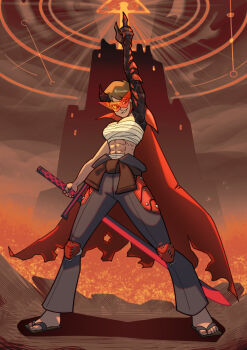 1girl abs absurdres adapted_costume alternate_costume armor bandaged_chest bandages black_armor black_horns black_pants brown_hair cape chest_sarashi claws corruption crossover danaoharah dark-skinned_female dark_skin day_of_wrath_(infinitypilot) demon demon_girl demon_horns doom_(2016) doom_(series) doom_eternal elite_guard_(doom) fanfic fantasy fusion genderswap genderswap_(mtf) gurren-lagann hell highres holding holding_sword holding_weapon horns kamina_(ttgl) midriff_sarashi monster_girl muscular muscular_female mutant mutation occult original pants red_armor red_cape ruby_taylor_(day_of_wrath) sandals sarashi short_hair sigil smile soldier solo standing sunglasses sword tengen_toppa_gurren_lagann vorpal_sword_(day_of_wrath) warrior weapon zouri