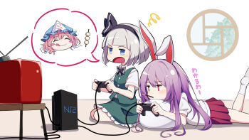 2girls :q ^_^ animal_ears black_bow black_bowtie blue_eyes blue_hat bow bowtie brand_name_imitation closed_eyes commentary controller cropped_head dango food food_in_mouth frilled_skirt frills game_console game_controller green_skirt green_vest grey_hair hat highres holding holding_controller holding_game_controller konpaku_youmu leg_up long_hair lying mob_cap multiple_girls on_stomach open_mouth playing_games playstation_2 playstation_controller pleated_skirt pocky pocky_in_mouth puffy_short_sleeves puffy_sleeves purple_hair rabbit_ears red_eyes red_skirt reisen_udongein_inaba saigyouji_yuyuko seiza shirt short_sleeves sitting skirt spoken_character squiggle television tongue tongue_out touhou triangular_headpiece v-shaped_eyebrows vest wagashi white_shirt window yamanakaume
