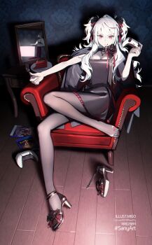 1girl alternate_costume armchair black_dress black_pantyhose black_shoes bow breasts cake cake_slice chair cleavage controller dress food food_on_face fork full_body genderswap genderswap_(mtf) hair_bow high_heels highres holding holding_controller holding_fork indoors kuzuha_(nijisanji) long_hair looking_at_viewer medium_breasts migo45 mirror nijisanji pantyhose plate red_eyes sanya_(kuzuha) shadow shoes sitting solo two_side_up virtual_youtuber white_hair wooden_floor