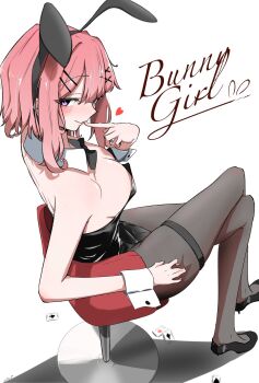 1girl amaori_renako animal_ears black_leotard black_pantyhose breasts card cleavage commentary_request detached_collar fake_animal_ears hair_ornament hairclip highres large_breasts leotard looking_at_viewer nobunaga_(nbng_g) pantyhose parallel_hairclips pink_hair playing_card purple_eyes rabbit_ears sitting solo strapless strapless_leotard thigh_strap watashi_ga_koibito_ni_nareru_wake_naijan_murimuri! x_hair_ornament