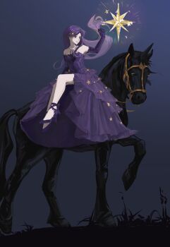 1girl absurdres ankle_bow ankle_ribbon bare_legs bare_shoulders blue_sky bow chinese_commentary closed_mouth commentary_request dress duifangzhengzaishuru82069 elbow_gloves floating_hair full_body gloves gown grass hair_ornament happy hexagram high_heels highres horseback_riding jewelry lace lace-trimmed_gloves lace_trim leg_ribbon long_dress long_hair long_sidelocks looking_at_object making-of_available necklace night nikki_(series) outdoors outstretched_hand pleated_dress print_dress procreate_(medium) purple_bow purple_dress purple_eyes purple_gloves purple_hair purple_ribbon purple_shoes ribbon riding shoes sidelocks sitting sky smile solo star_(symbol) star_hair_ornament star_necklace star_print star_sea_(nikki) strapless strapless_dress very_long_hair