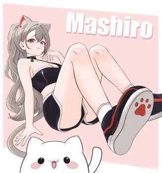 1girl animal_ear_fluff animal_ears arm_at_side arm_support black_shirt black_shoes black_shorts border breasts butadiene cat_ears cat_girl cat_tail character_name cleavage closed_mouth commentary_request creature crop_top cropped_shirt double-parted_bangs grey_hair hair_between_eyes hair_intakes hair_ornament hairclip hand_up highres knees_up korean_commentary large_breasts licking_lips long_hair looking_at_viewer maro_(neneko_mashiro) neneko_mashiro outside_border parallel_hairclips paw_print_soles pink_background ponytail reclining red_eyes shirt shoes short_shorts shorts solo stellive tail tongue tongue_out virtual_youtuber wavy_hair white_border zipper_pull_tab