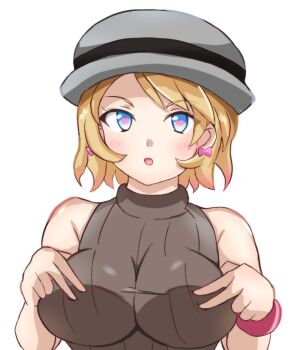 1girl bare_shoulders black_hat blue_eyes blush breasts commentary earrings grabbing_own_breast hat heart heart-shaped_pupils jewelry large_breasts looking_at_viewer nintendo open_mouth pokemon pokemon_(anime) retori_tori serena_(pokemon) short_hair sleeveless solo sweater symbol-only_commentary symbol-shaped_pupils