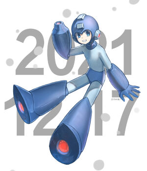 1boy arm_cannon blue_bodysuit blue_boots blue_eyes blue_helmet bodysuit boots chenjiyan_y commentary_request dated full_body grin helmet highres looking_at_viewer male_focus mega_man_(character) mega_man_(series) smile solo twitter_username weapon white_background