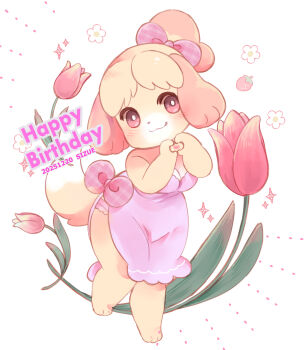 1girl :3 animal_crossing animal_ears animal_nose body_fur bow breasts bright_pupils character_name cleavage dated dog_ears dog_girl dog_tail dress flower furry furry_female hair_bow hands_up happy_birthday heart heart_hands heart_in_heart_hands highres isabelle_(animal_crossing) leg_up nintendo panties panty_peek pink_bow pink_dress pink_flower pink_panties pink_tulip shirokuro_buti smile solo sparkle strapless strapless_dress tail thighs topknot translation_request tulip two-tone_fur underwear white_pupils yellow_fur