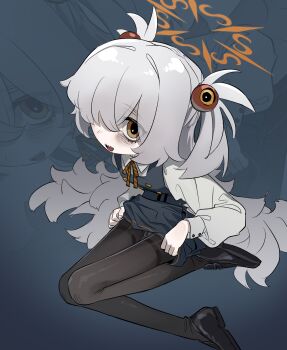 1girl absurdres bags_under_eyes black_pantyhose black_shoes blue_archive brown_eyes dress frogsnake grey_hair hair_ornament hair_over_one_eye halo highres kanoe_(blue_archive) long_hair long_sleeves looking_at_viewer one_eye_covered open_mouth orange_halo pantyhose pinafore_dress school_uniform sharp_teeth shirt shoes sleeveless sleeveless_dress smile solo teeth very_long_hair white_shirt zoom_layer