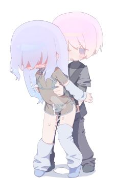 1boy 1futa anal blue_hair blush bra bulge clothes_pull crossdressing crossdressing_(mtf) cum cum_on_clothes cum_on_floor cumdrip detached_leggings ejaculating_while_penetrated ejaculation ejaculation_under_clothes fang full-face_blush futa_with_male futanari hair_over_eyes kodomo_doushi long_hair male_penetrated navel nipple_stimulation nipple_tweak open_mouth pants pants_pull pink_hair revealing_clothes sex sex_from_behind shirt short_hair shota socks standing standing_sex sweat toumei_tou trap uncensored underwear white_background