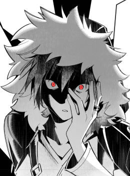 1boy arm_up durarara!! eromkk fur-trimmed_hood fur_trim greyscale hand_on_own_face highres hood hood_up hooded_jacket jacket jewelry looking_at_viewer male_focus monochrome open_clothes open_jacket orihara_izaya parted_lips red_eyes ring shirt solo spot_color upper_body v-neck wide-eyed