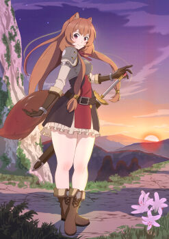 1girl achi_(achi5568) animal_ear_fluff animal_ears ankle_boots armor belt black_dress boots breastplate brown_belt brown_boots brown_hair closed_mouth cloud cloudy_sky commentary_request commission dress floating_hair flower flower_request full_body hand_up highres long_hair long_sleeves looking_at_viewer metal_arm_cuffs metal_hair_tubes metal_wrist_cuffs mountainous_horizon neck_ribbon orange_sky outdoors pauldrons pink_eyes pinstripe_dress pinstripe_pattern pixiv_commission purple_sky raccoon_ears raccoon_girl raccoon_tail raphtalia red_dress red_ribbon ribbon scabbard sheath sheathed short_dress shoulder_armor sky sleeveless sleeveless_dress smile solo standing straight_hair sunset sword tail tate_no_yuusha_no_nariagari two-tone_dress variant_set weapon white_dress white_flower yellow_sky