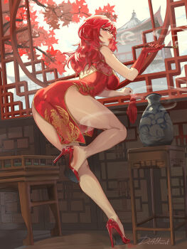 1girl absurdres blue_eyes china_dress chinese_clothes draltruist dress feet gloves highres long_hair looking_at_viewer looking_back niao_sun parted_lips red_hair shenmue shoe_dangle single_glove single_unworn_glove smoke smoking_pipe soles