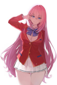1girl absurdres blue_bow blue_bowtie blue_eyes bow bowtie commentary_request cowboy_shot highres ichinose_honami_(youjitsu) jacket long_hair looking_at_viewer pink_hair red_jacket shirt solo user_hchu3582 white_shirt youkoso_jitsuryoku_shijou_shugi_no_kyoushitsu_e