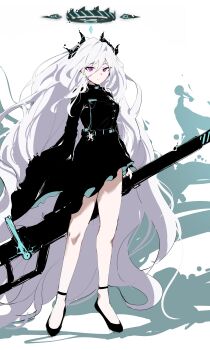 1girl absurdres belt black_footwear blue_archive breasts gun hair_between_eyes halo highres hina_(blue_archive) holding holding_gun holding_weapon horns long_hair looking_at_viewer medium_breasts plentyofempty purple_eyes simple_background slit_pupils solo very_long_hair weapon white_background white_hair