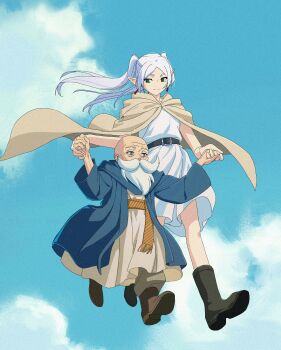 1boy 1girl absurdres bald beard belt black_belt blue_eyes blue_robe boots brown_boots closed_mouth commentary_request couple derivative_work dress earrings elf facial_hair floating frieren green_eyes grey_cloak height_difference hetero highres himmel_(sousou_no_frieren) holding_hands howl_no_ugoku_shiro jewelry long_hair mustache old old_man parted_bangs pointy_ears robe smile sousou_no_frieren twintails white_dress white_hair wrinkled_skin yiguanli123
