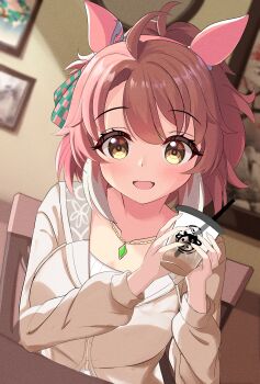 1girl absurdres ahoge animal_ears blush breasts brown_eyes brown_hair cleavage collarbone commentary_request dantsu_flame_(casual)_(umamusume) dantsu_flame_(umamusume) fj_hatsu hair_between_eyes hair_ornament highres horse_girl large_breasts looking_at_viewer open_mouth pov sitting solo table umamusume