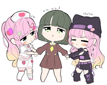 3girls :3 anyoji_hime bandaged_leg bandages bandaid bandaid_hair_ornament bare_shoulders barefoot black_pants black_shirt black_shorts blue_eyes blush_stickers braid brown_dress chibi chibi_only closed_mouth commentary dress dual_persona full_body green_eyes green_hair hair_ornament hairclip hasu_no_sora_school_uniform hat headphones headphones_around_neck heart heart_hair_ornament highres jitome link!_like!_love_live! long_sleeves looking_at_another love_live! medium_dress midriff momose_ginko multiple_girls neckerchief nurse nurse_cap nyao_signyal off-shoulder_shirt off_shoulder official_alternate_costume pants parallel_hairclips parted_lips pencil_skirt pill_hair_ornament pink_hair pleated_dress ponytail puffy_short_sleeves puffy_sleeves pulling_arm raised_inner_eyebrows sailor_collar sailor_dress school_uniform shirt short_hair short_sleeves shorts side_braids simple_background single_thighhigh skirt tazaki_masanobu thighhighs virtual_youtuber vital_sign_(love_live!) white_background white_hat white_sailor_collar white_shirt white_skirt white_thighhighs winter_uniform x_hair_ornament yellow_neckerchief
