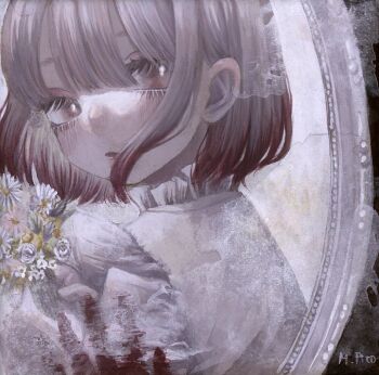 1girl blood bloody_handprints bouquet commentary_request double-parted_bangs eyelashes flower frills gradient_hair grey_hair handprint highres holding holding_bouquet looking_at_viewer mirror monou_pico multicolored_hair original red_eyes reflection short_hair solo upper_body