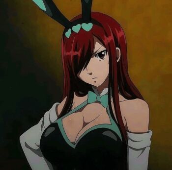 10s 1girl animal_ears anime_screenshot bare_shoulders black_leotard breasts brown_eyes cleavage closed_mouth collarbone erza_scarlet erza_scarlet_(bar_altair_waitress)_(fairy_tail) fairy_tail fairy_tail:_dragon_cry fake_animal_ears fake_rabbit_ears female_focus hair_over_one_eye large_breasts leotard playboy_bunny rabbit_ears red_hair solo