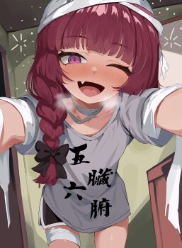 1girl @_@ absurdres agm bandage_on_hair bandage_on_neck bandaid bandaid_on_arm black_bow black_shorts blunt_bangs blush bocchi_the_rock! bow braid breath commentary drunk english_commentary fang hair_bow halloween highres hiroi_kikuri indoors looking_at_viewer mummy_costume one_eye_closed open_mouth outstretched_arms print_shirt purple_eyes purple_hair reaching reaching_towards_viewer shirt shorts single_braid solo squeans white_shirt